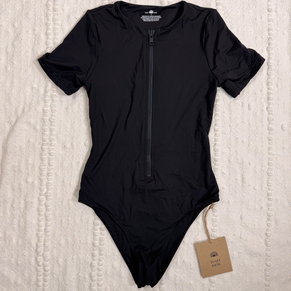 Toast Swim Surf Suit One Piece Moonless Night Black Short Sleeve Zipper Sml NWT